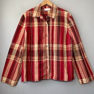 Evan Picone Size XL 18 Earthy Red Plaid Linen Button Up Shirt Country Cabincore